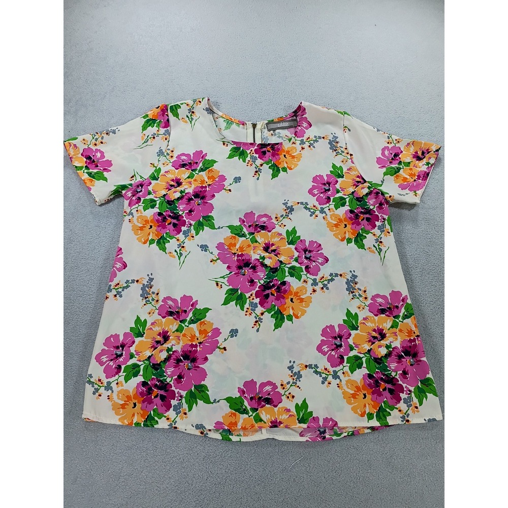 Addie Women Floral Print Short Sleeve Blouse Ivory Multi M Back Zip